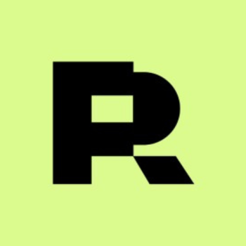 Logo featuring a bold black letter “R” with a cut-out square design on a light green background.